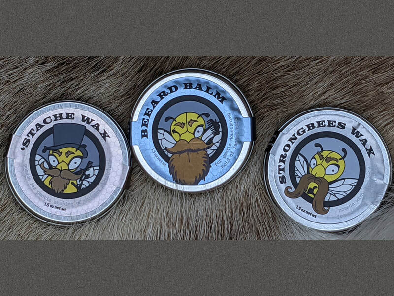 BeeFolks beard balm label designs on metallic labels. 