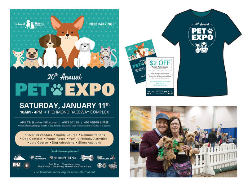 Henrico Humane marketing materials for their annual Pet Expo. Logo design, poster design, postcards, t-shirts and event photography.